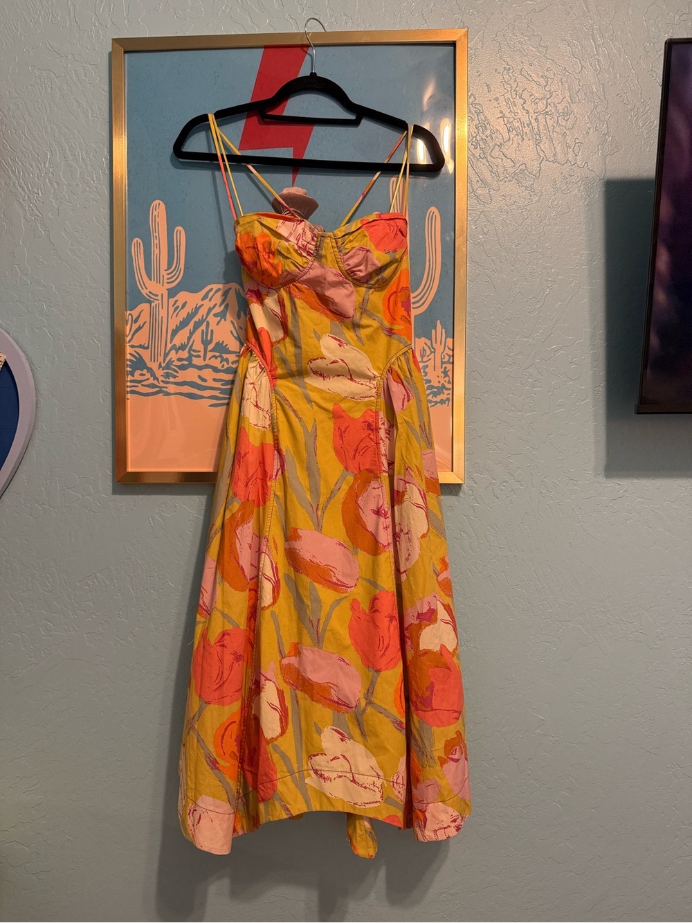 Free People Yellow Floral Midi Dress with Pink & Coral Blooms